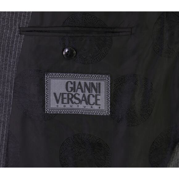 Gianni Versace Vintage 90s Gray Striped Double Breasted Wool Mohair Suit 40R - Picture 8 of 11